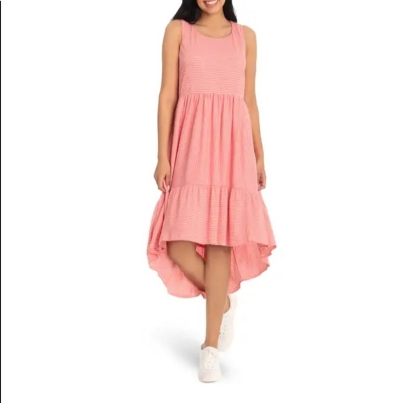 LONDON TIMES Stripe Trapeze Tiered Midi Dress  Size 6, WHITE/CORAL- NWT - Picture 1 of 3